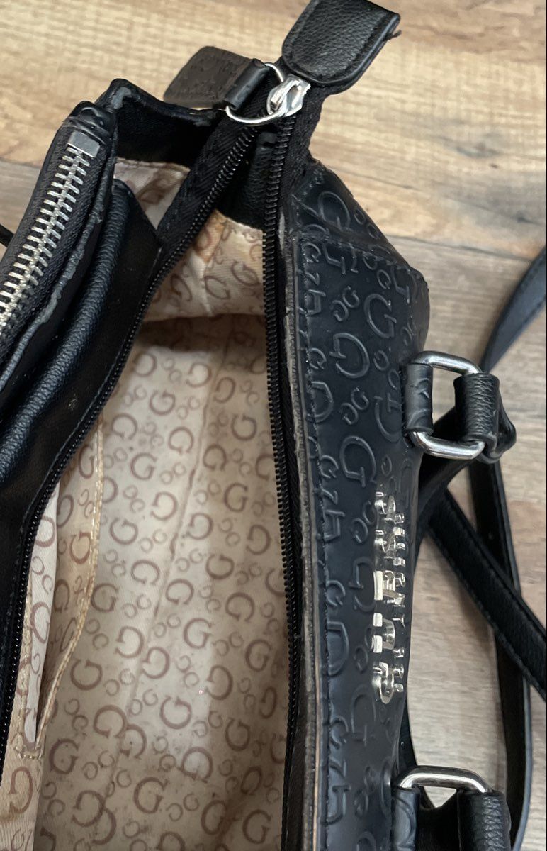 Guess Black Embossed Logo Satchel Handbag Crossbody Silver Hardware