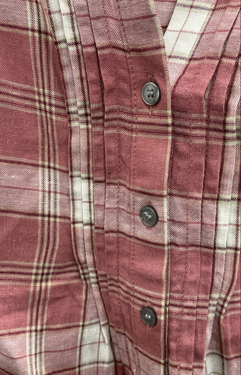 LOFT Women's Pink Plaid Rayon Linen Pintuck Popover Blouse Ruffle Cuff Sz M