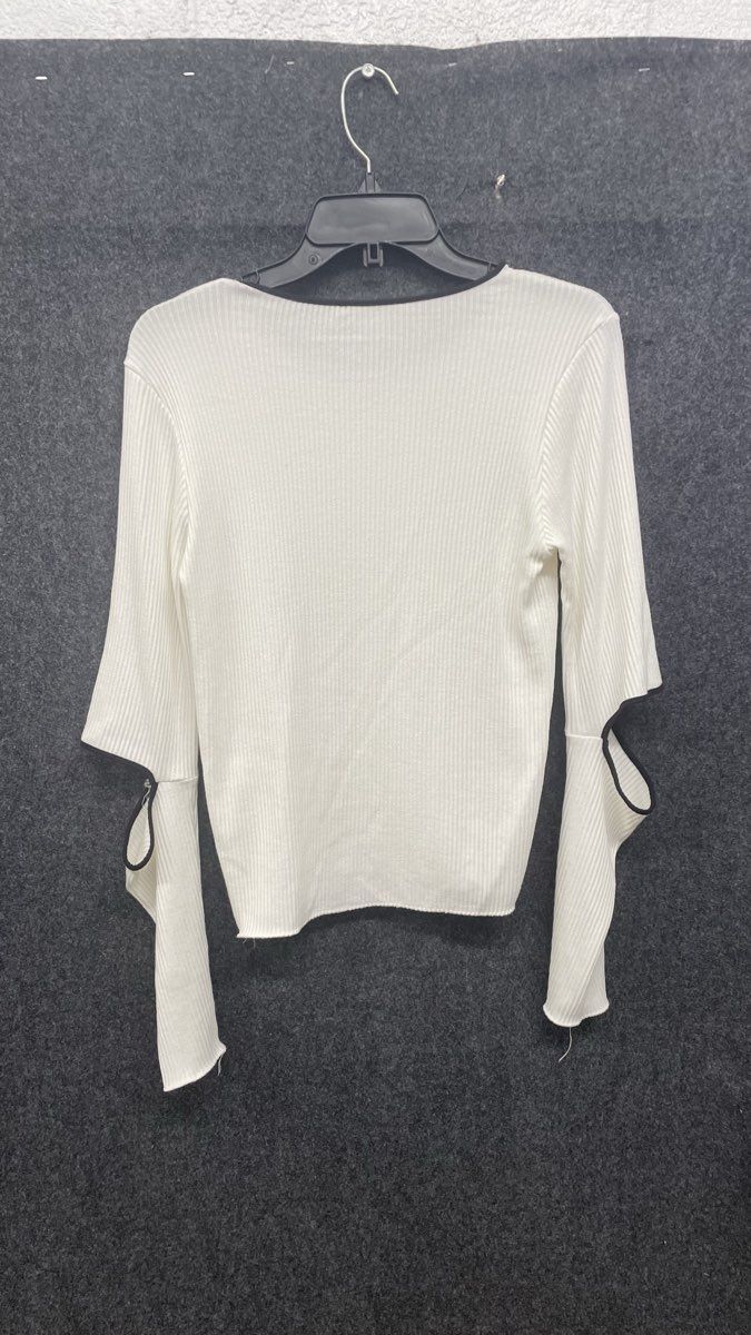Zara Women's White Ribbed Knit Elbow Cutout Long Sleeve Top Black Trim Sz L