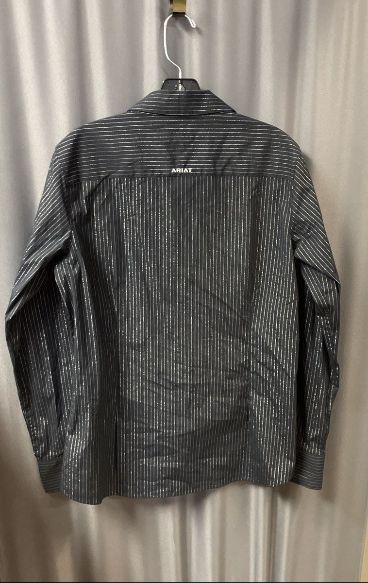 Ariat Women's Kirby Stretch LS Shirt Navy Blue Silver Pinstripe Sz L