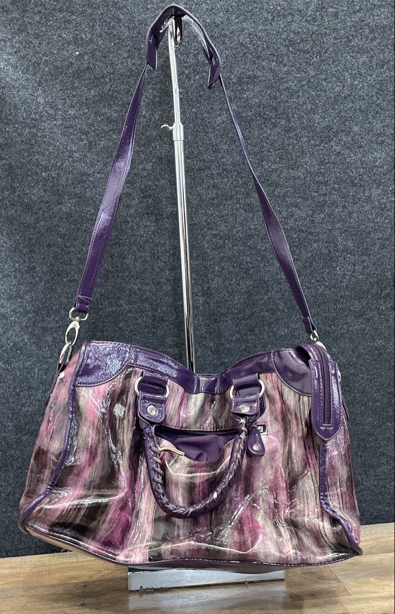 Candice Los Angeles Purple Abstract Leather Satchel Shoulder Bag Silver Hardware