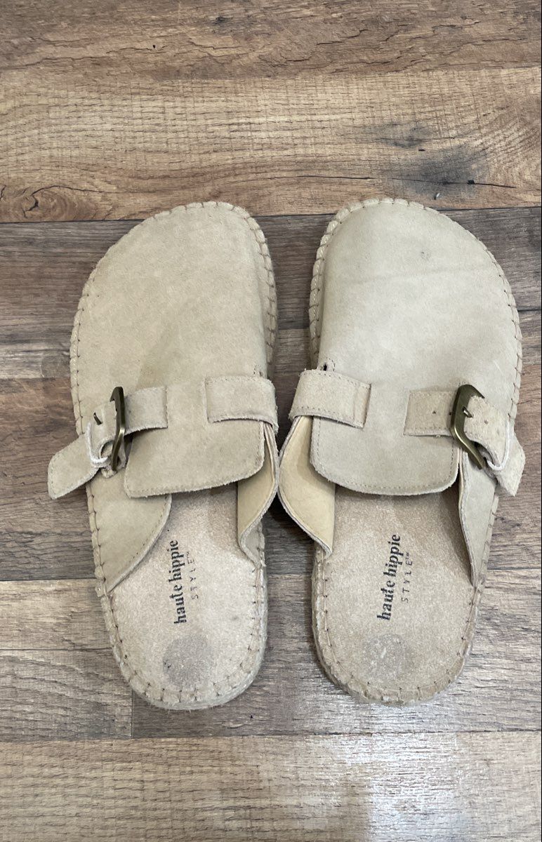 Haute Hippie Style Tan Suede Espadrille Platform Buckle Clogs Size 10M