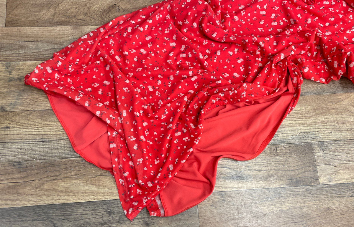 Free People Women's Red Floral Print Side Slit Mesh Maxi Skirt Size M
