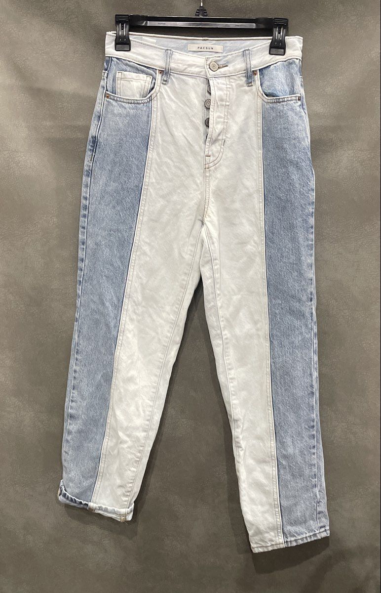 Pacsun Women's Blue Two-Tone Panelled High Rise Button Fly Jeans 100% Cotton