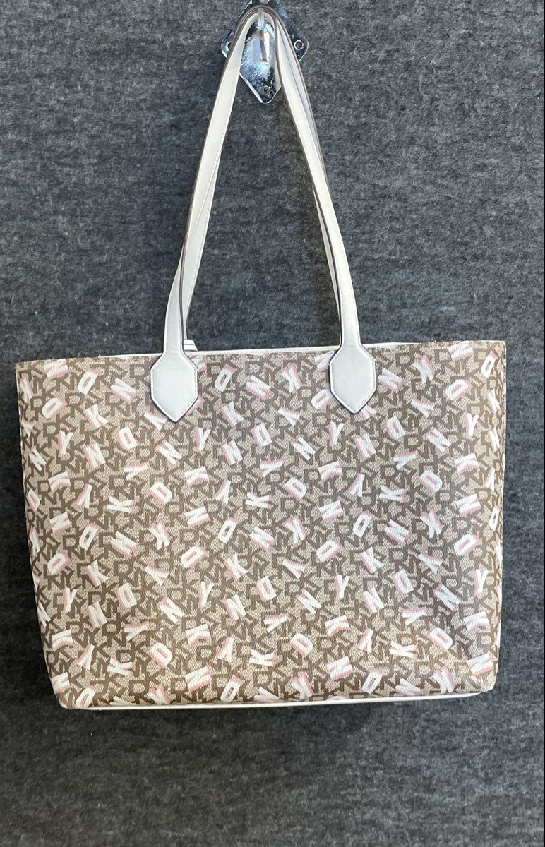 DKNY Brown Pink Monogram Logo Tote Bag White Trim Charm Shoulder Handbag