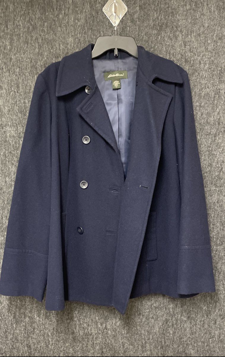 Eddie Bauer Women's Navy Wool Blend Double Breasted Peacoat Jacket Sz L Tall