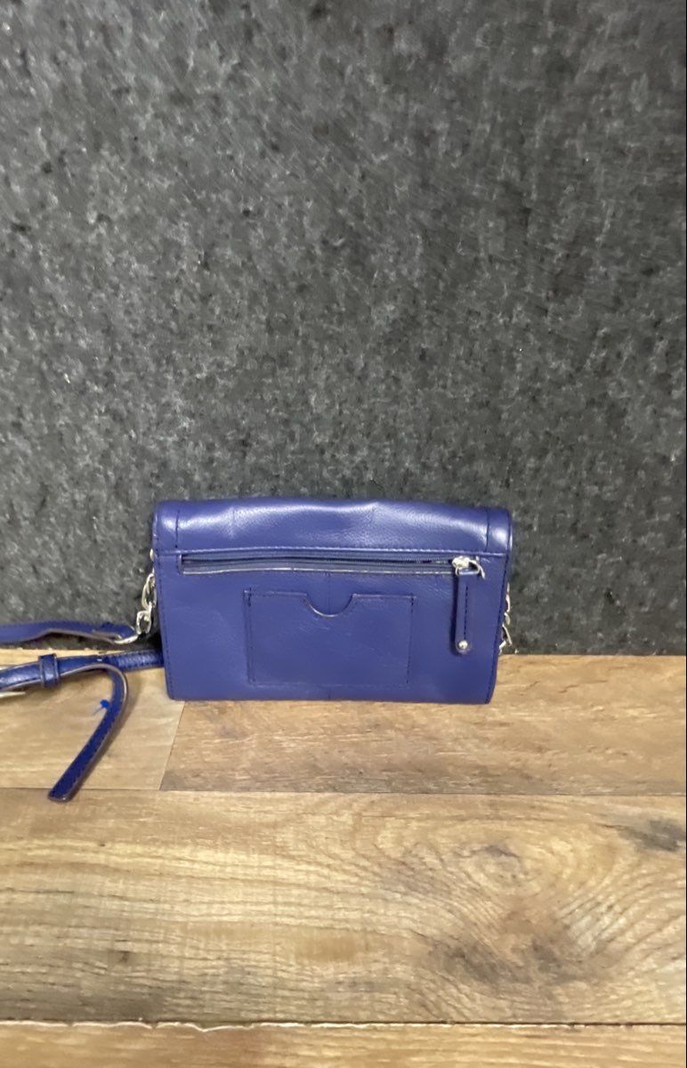 Tignanello Blue Leather Mini Crossbody Wallet Bag Leopard Lining Silver Hardware