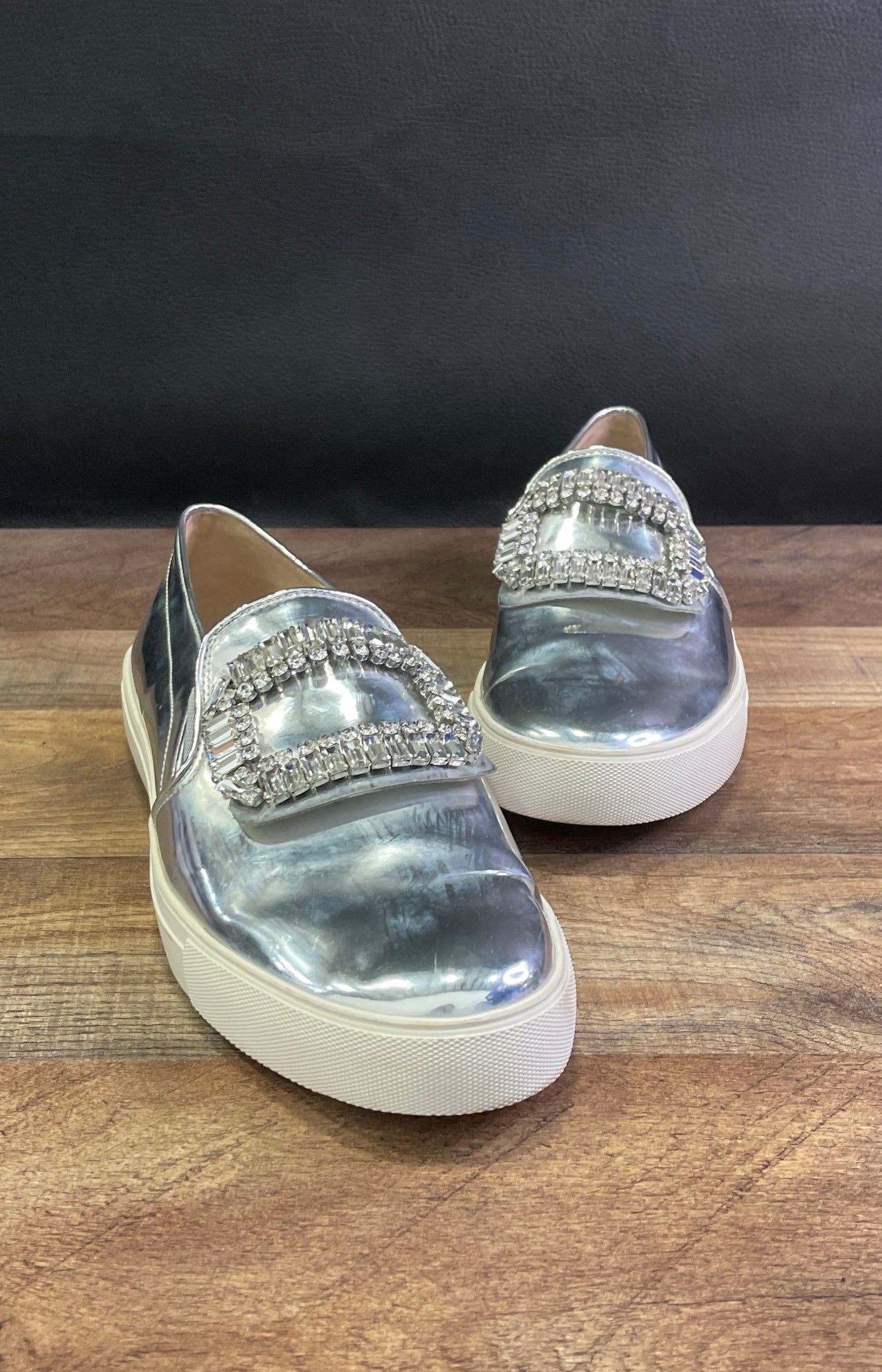 Karl Lagerfeld Paris Ermine 3 Metallic Silver Crystal Platform Sneakers Size 9