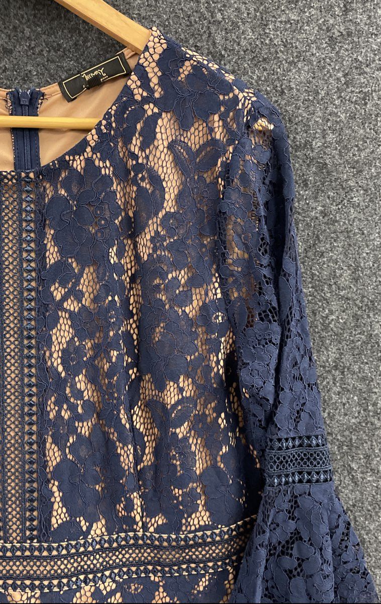 Missmay Women's Navy Blue Floral Lace Bell Sleeve Lattice Trim Dress NWT Sz 2XL