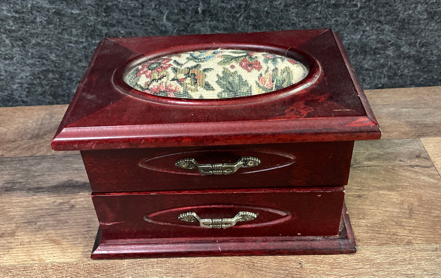 Vintage Wood Jewelry Box Tapestry Needlepoint Top Lid 2 Drawers Ring Holder