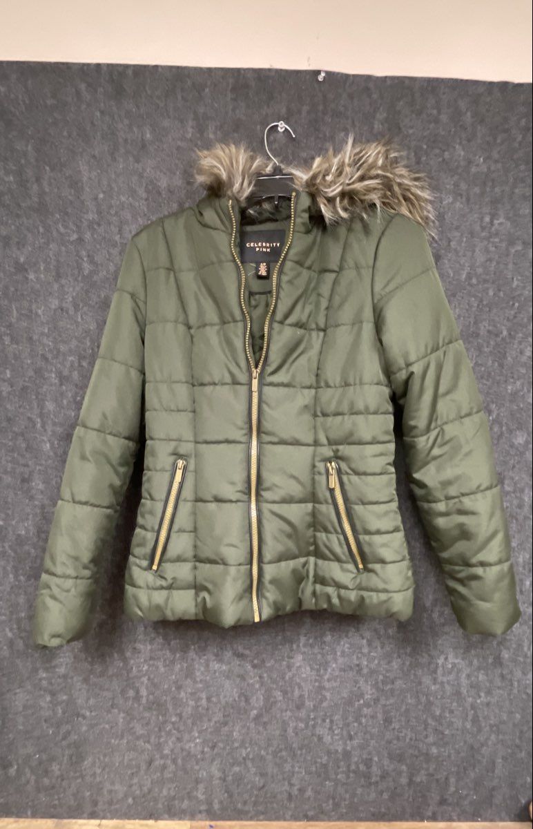 Celebrity Pink Women's Olive Green Quilted Puffer Jacket Faux Fur Hood Sz S