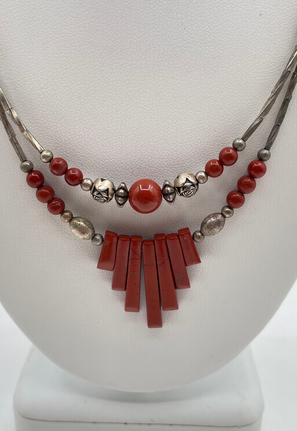 Mixed Metal Red Jasper Southwestern Style Double Strand Beaded Necklace 12.2g