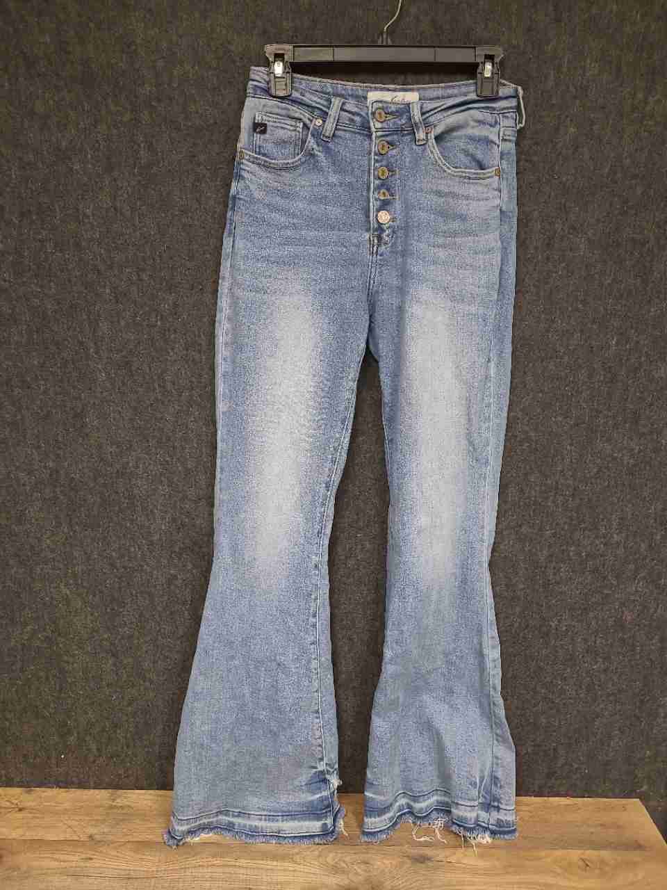 Kancan Women's Light Wash High Rise Button Fly Flare Raw Hem Jeans Size 7/27