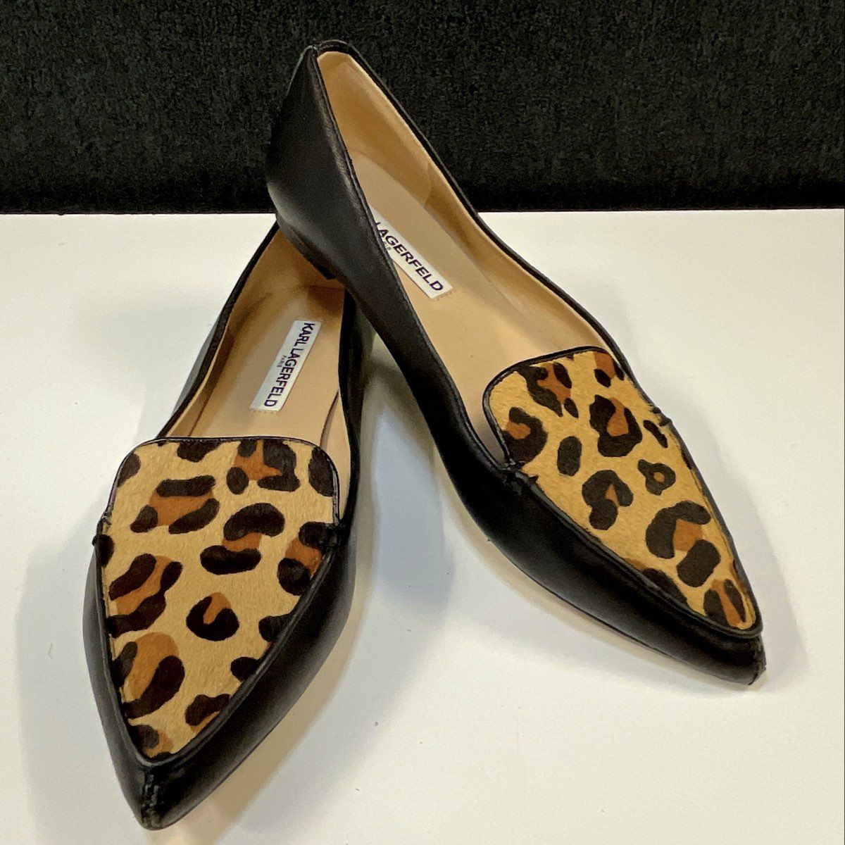 Karl Lagerfeld Paris Leopard Print Calf Hair Pointed Toe Leather Flats Size 8