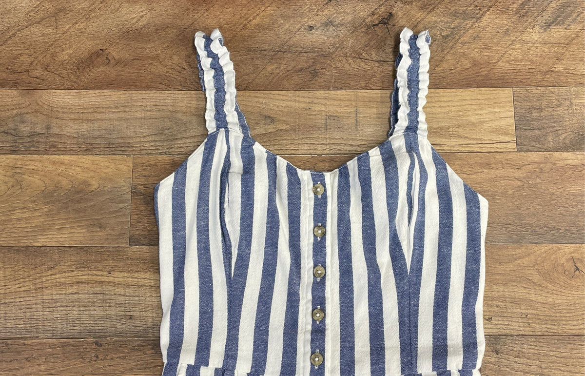 Hollister Women's Blue White Striped Cotton Linen Romper Sz M NWT