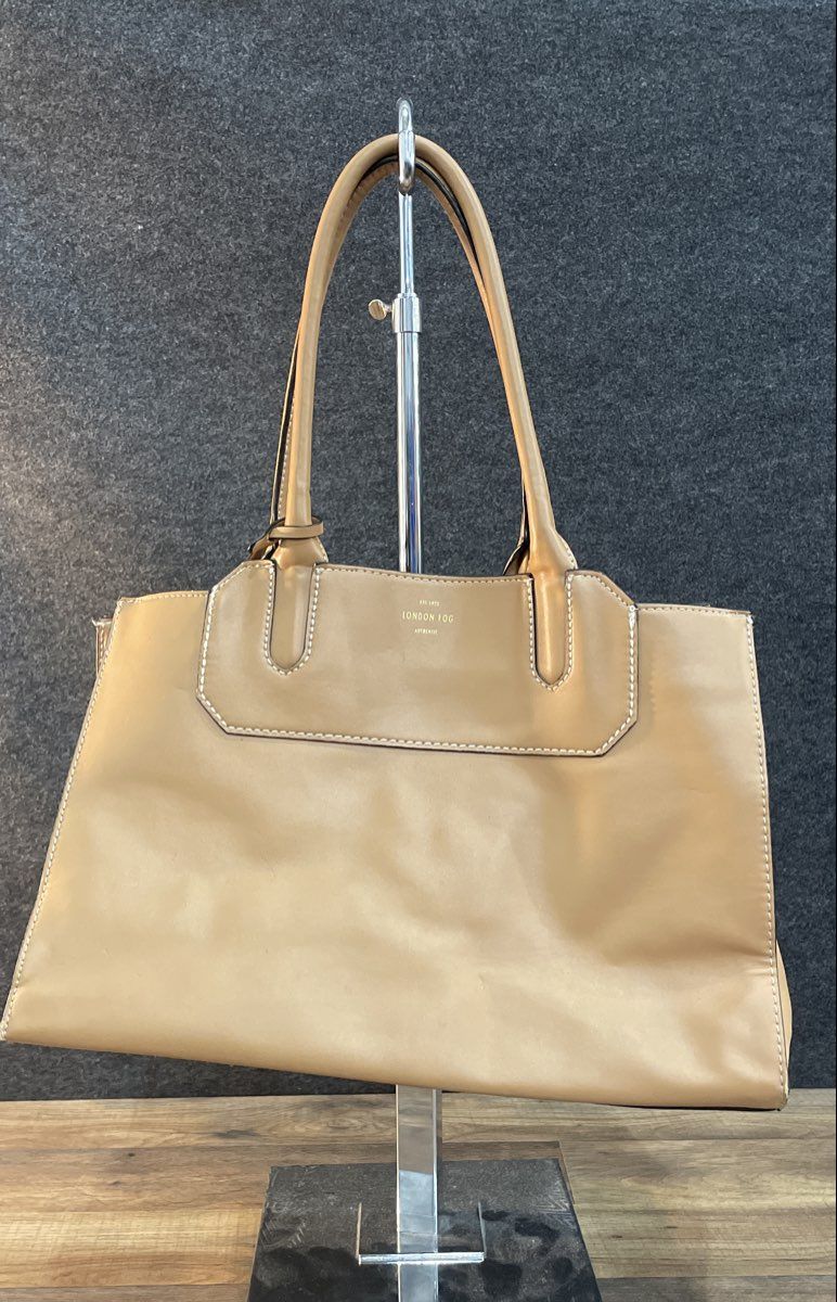 London Fog Brown Tote Shoulder Bag Gold Hardware Contrast Stitching