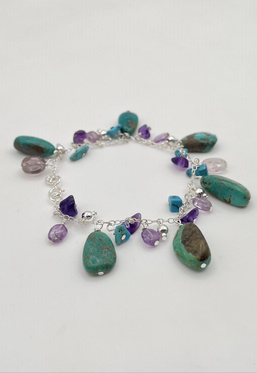 925 Sterling Silver Turquoise & Amethyst Charm Bracelet 16.5g