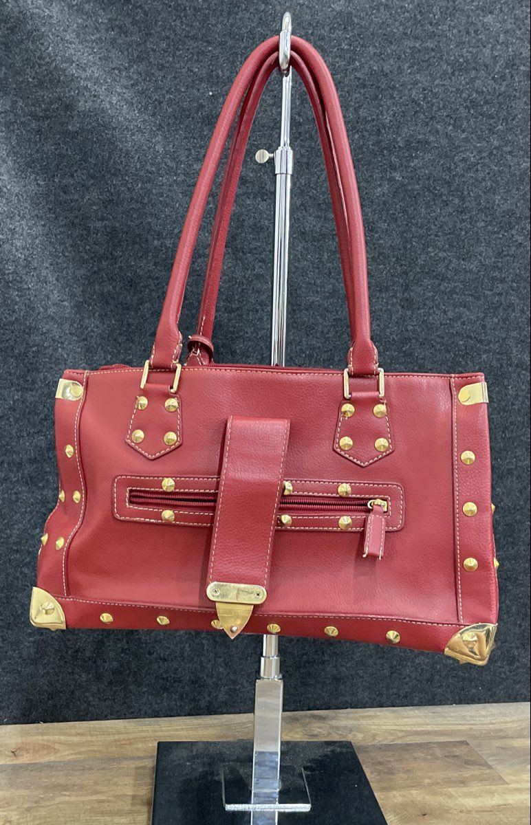 Red Leather Purse Studded Gold Tone Satchel Handbag Tote Vintage Style Bag