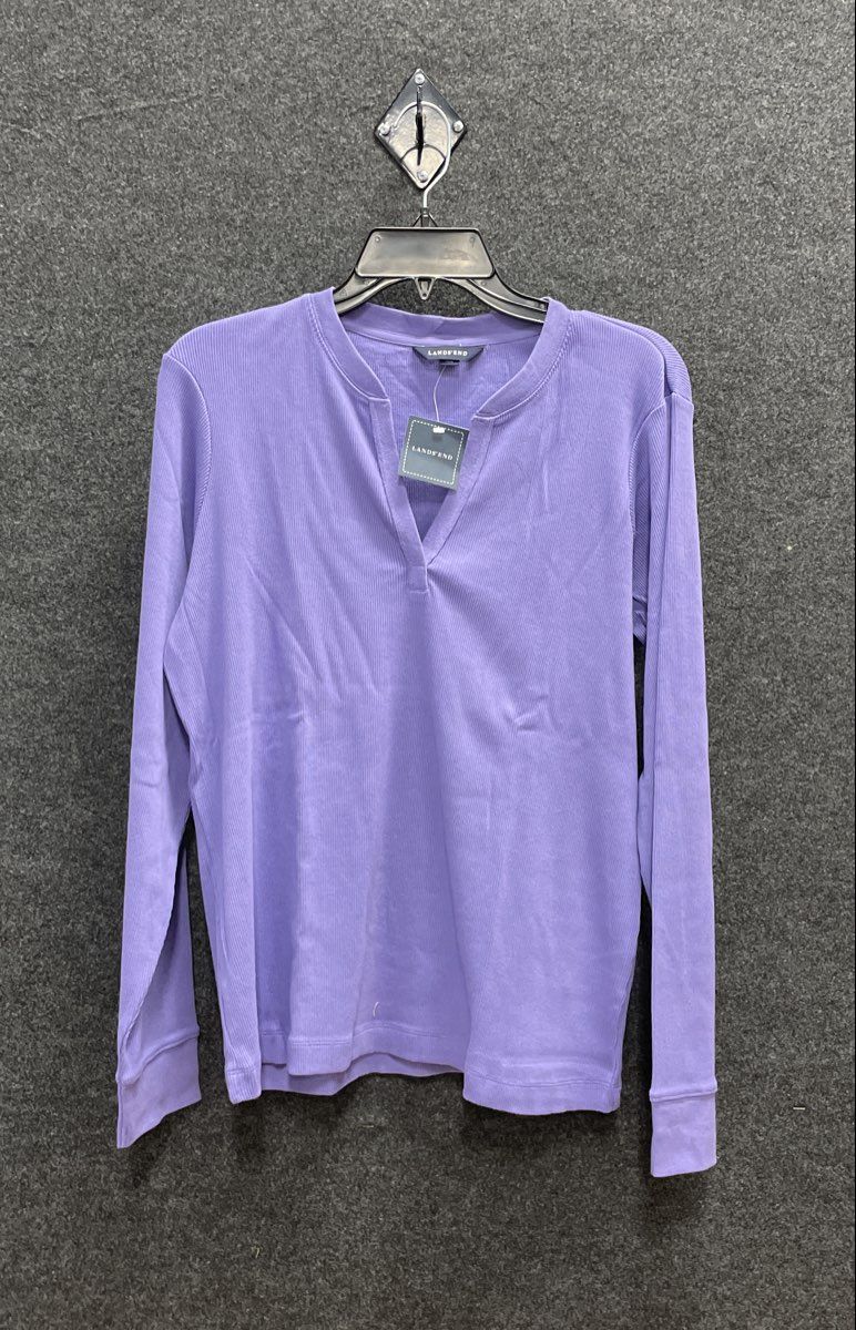 Lands' End Women's Purple Ribbed Split Neck Long Sleeve Top Size L 14-16 NWT