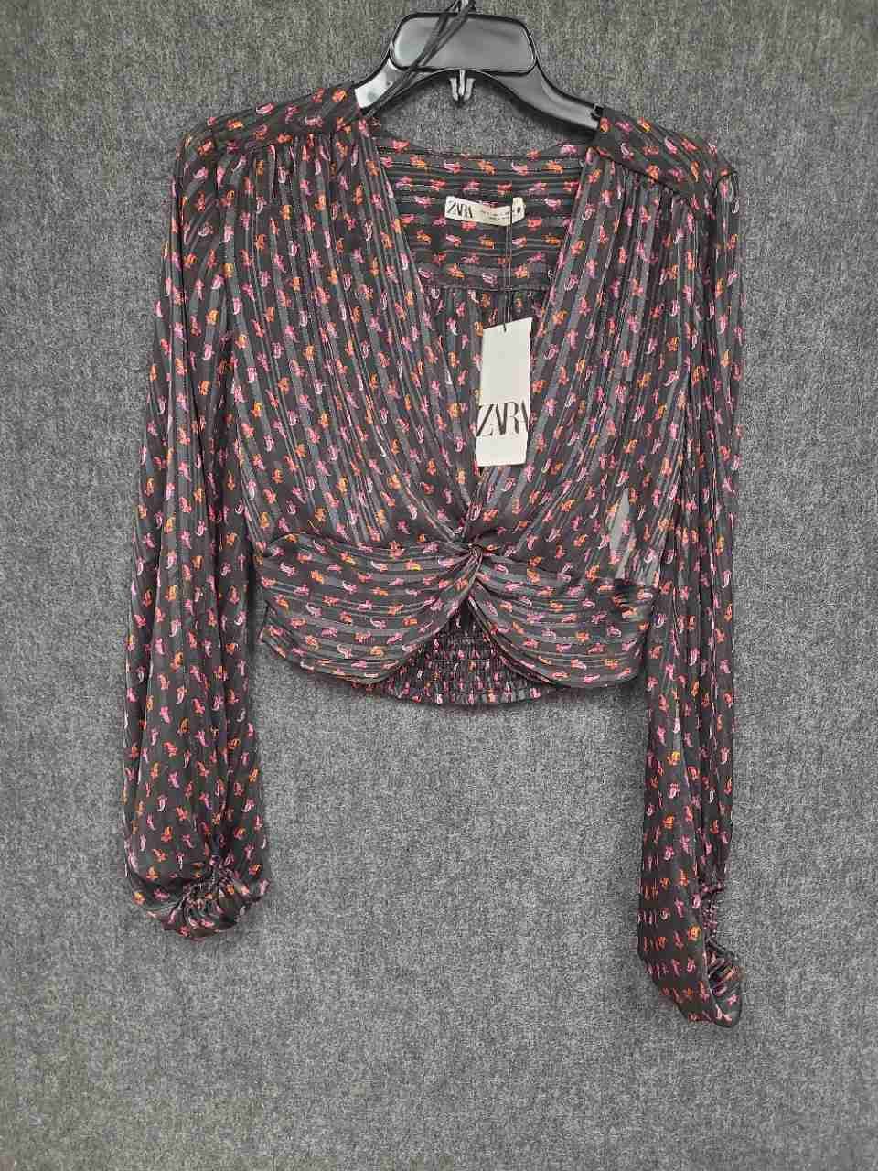 Zara Women's Black Paisley Cropped Twist Front Metallic Blouse Top NWT Sz S