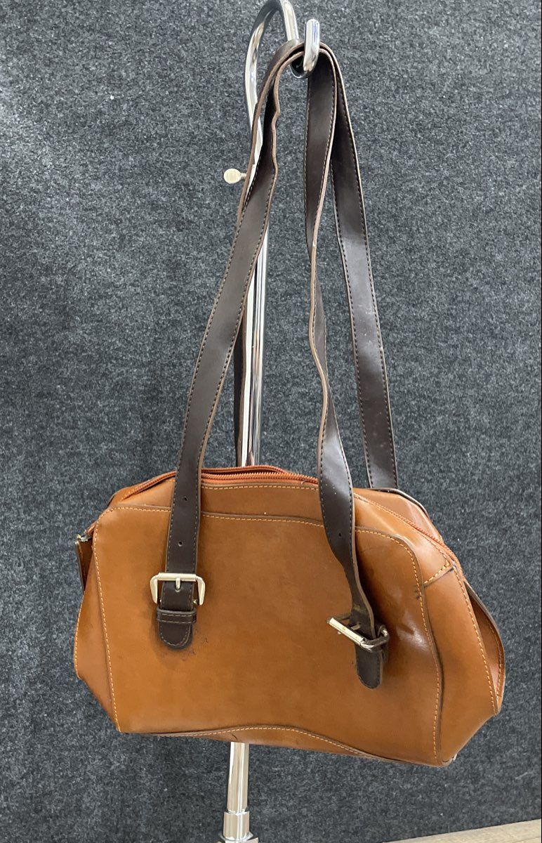 Vintage Brown Leather Satchel Shoulder Bag Silver Buckle Straps Mini Purse