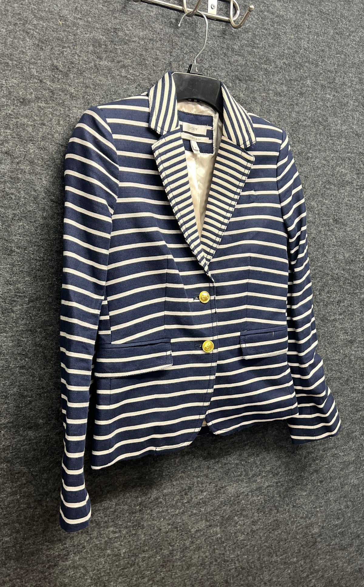 J.Crew Women's Blue White Striped Schoolboy Blazer Gold Crest Buttons Sz 0