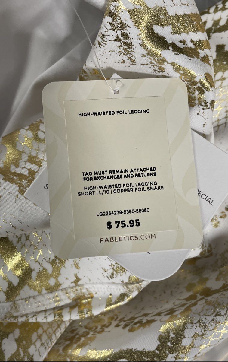 Fabletics Women's High-Waisted Foil Leggings Short White Gold Copper Snake NWT L