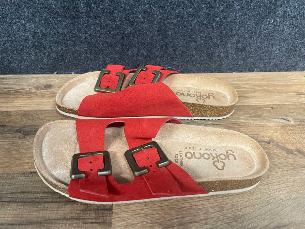 Yokono Red Leather Two-Strap Buckle Slide Sandals Made in Spain Size 7.5