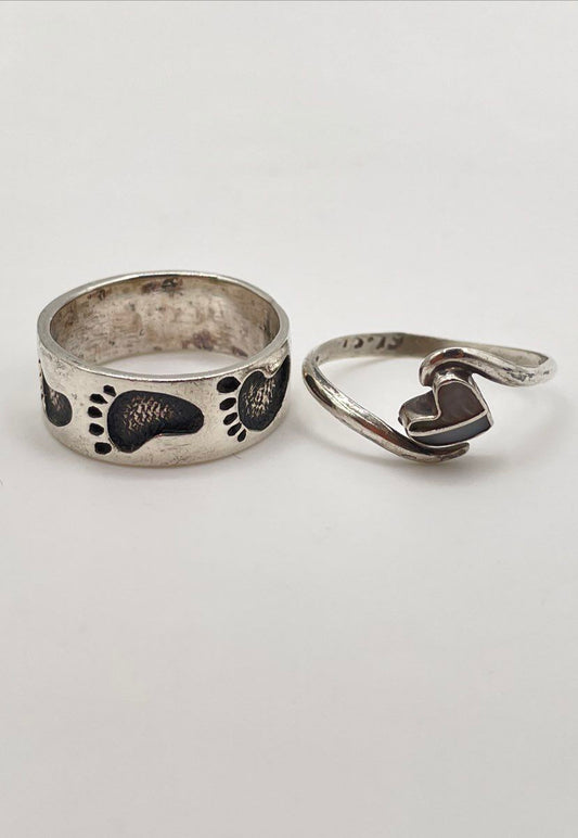 Lot Of Two 925 Sterling Silver Rings White Resin Inlay Heart & Footprints 4.9g