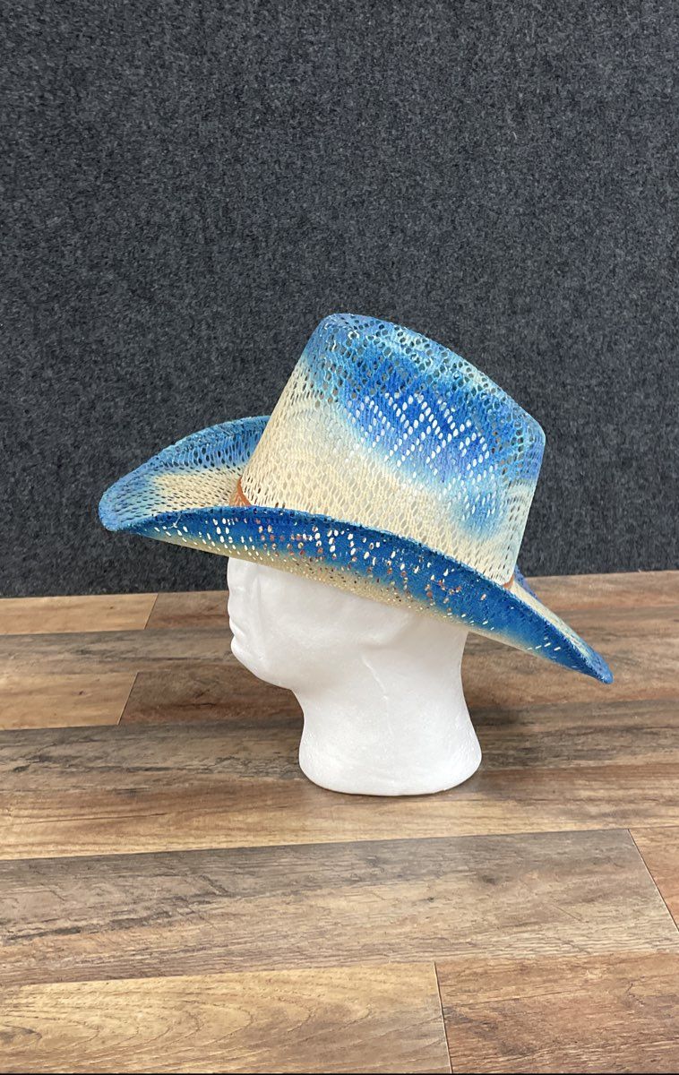 Sombreros Joaquin Men's Blue Cream Ombre Vented Straw Cowboy Hat Mexico Sz 7 1/4