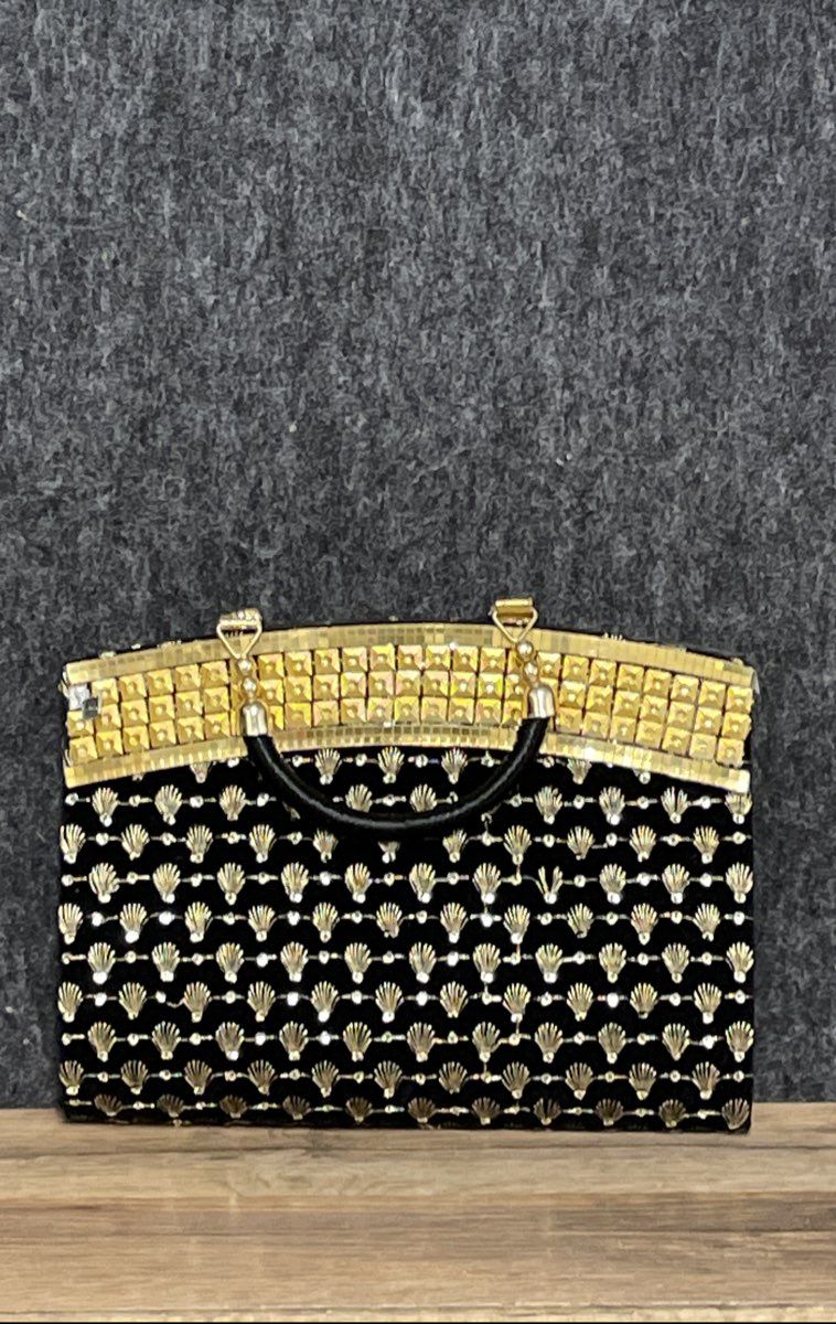 Vintage 90s Black Gold Embroidered Shell Top Handle Evening Handbag Clutch