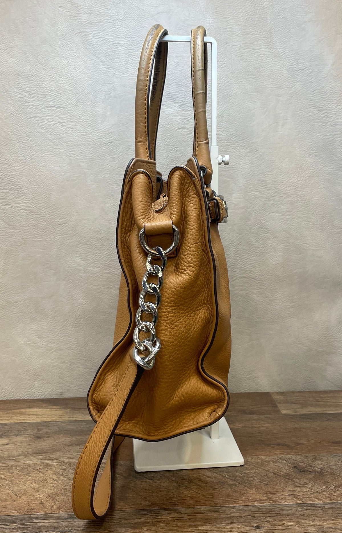 Michael Kors Tan Pebbled Leather Belted Satchel Tote Bag Silver Hardware