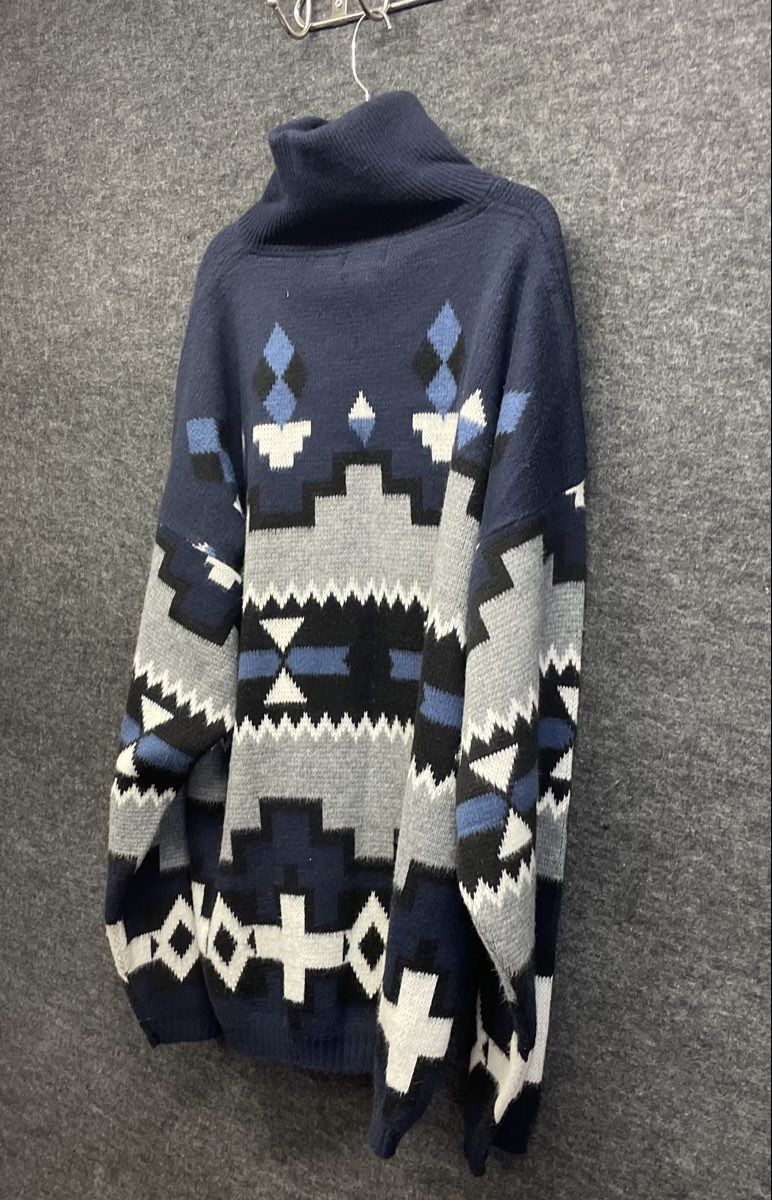 Vintage 90s Town Craft Men's Blue Geometric Aztec Quarter Zip Sweater Sz 2XLXT
