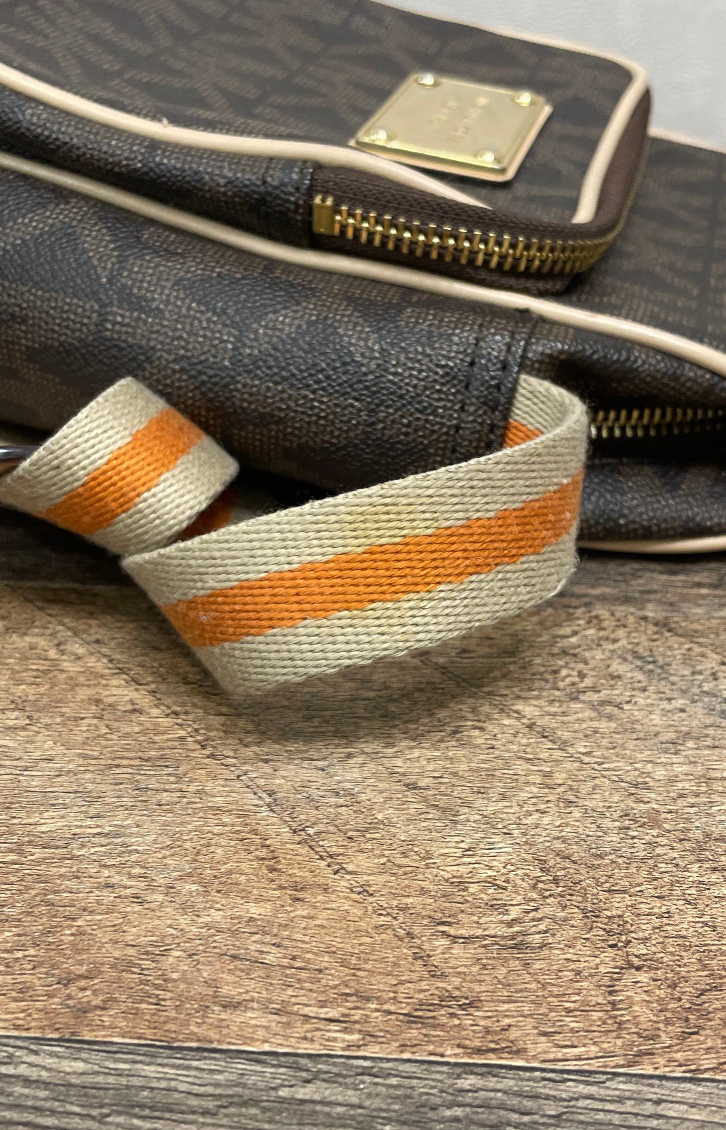 Michael Kors Brown Monogram Crossbody Bag Striped Webbing Strap Gold Hardware