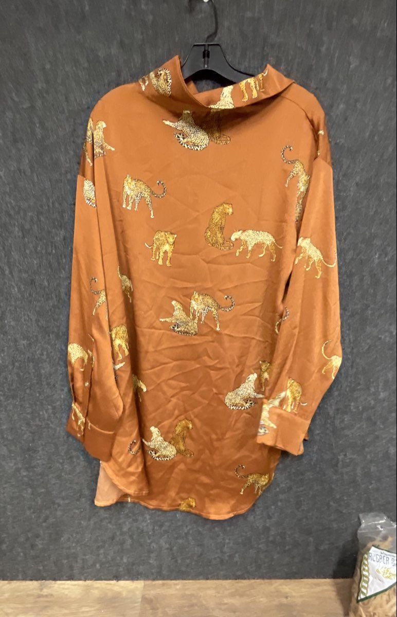 fab'rik Women's Button Down Shirt Rust Orange Satin Leopard Animal Print Sz L
