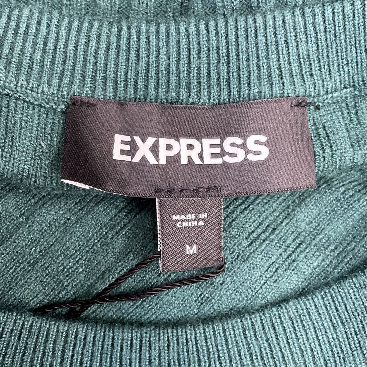 Express Women's Green Ribbed Knit Top Long Sleeve Crewneck Cropped Sz M NWT