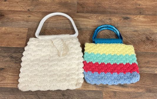 Vintage Crochet Handbag Lot of 2 Cream Shell Stitch & Multi-Color Stripe Bags