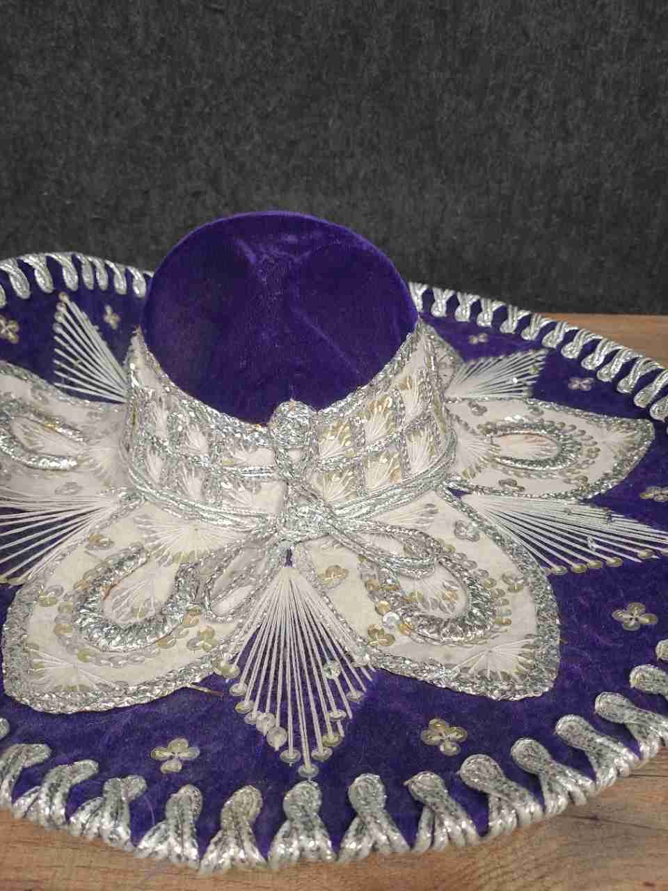 Vintage Pigalle Purple Velvet Mariachi Sombrero Silver Embroidered 21" Mexico