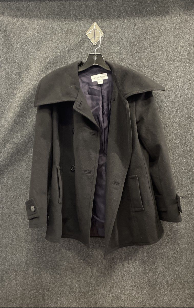 Calvin Klein Women's Black Oversized Collar Wool Blend Peacoat Jacket Sz 10