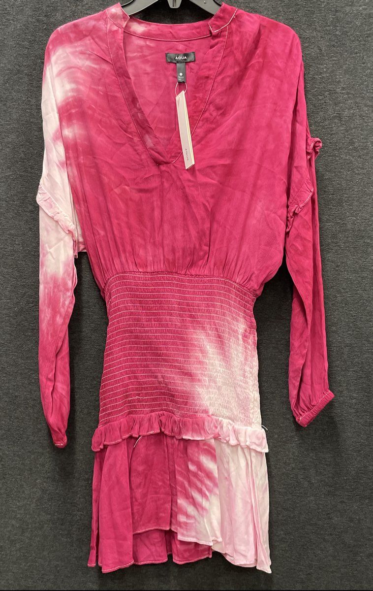 AQUA Women's Pink White Tie Dye Smocked Ruffled V-Neck Mini Dress XS NWT