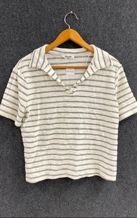Double Zero Women's White Gray Striped Collared Textured Top Shirt Sz L NWT