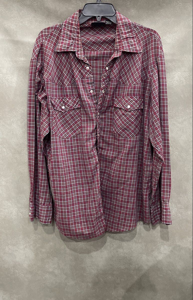 Big Yank Men's Red Burgundy Plaid Western Pearl Snap Shirt Long Sleeve Sz XL