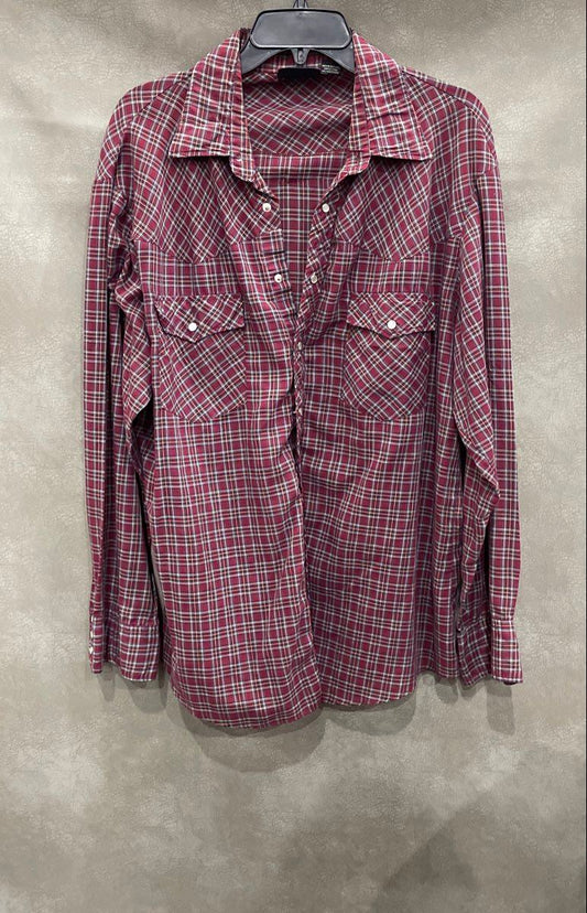 Big Yank Men's Red Burgundy Plaid Western Pearl Snap Shirt Long Sleeve Sz XL