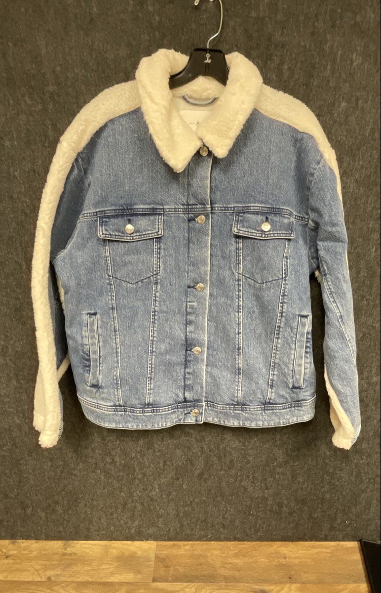 Lou & Grey Women's Denim Sherpa Faux Fur Mixed Media Jacket Blue NWT Sz L