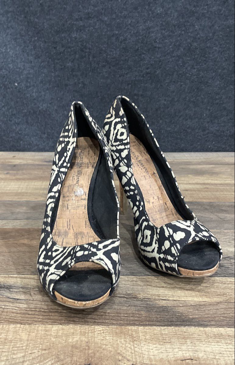 Christian Siriano Black White Abstract Peep Toe Cork Pumps Size 11
