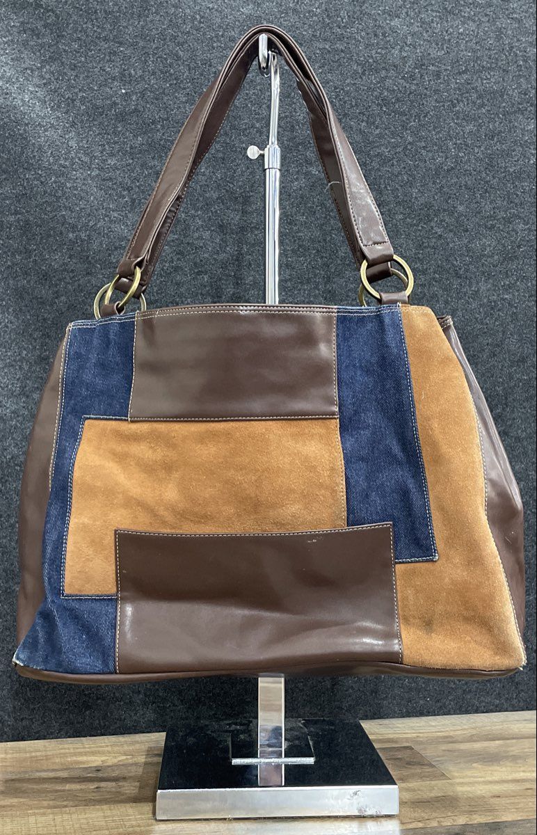 Nine West Blue Tan Brown Patchwork Denim Suede Leather Tote Bag Purse