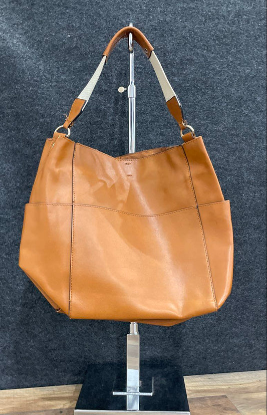 Large Brown Leather Hobo Tote Bag Woven Canvas Strap Gold Tone Hardware