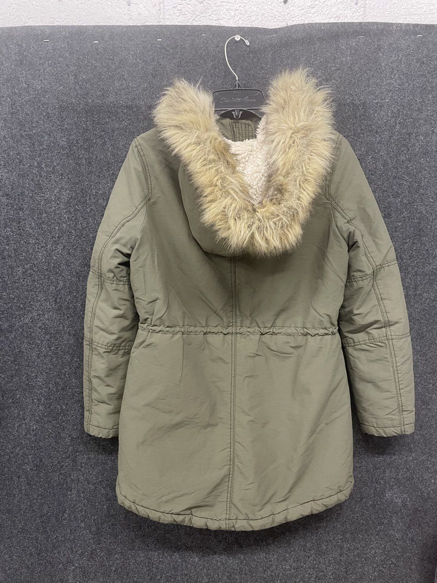 American Eagle Women's Olive Sherpa Hooded Faux Fur Trim Parka Jacket Sz S