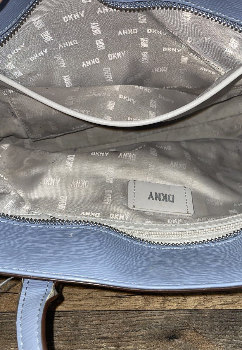 DKNY Blue Saffiano Leather Large Tote Bag Donna Karan Shoulder Bag Silver Tone