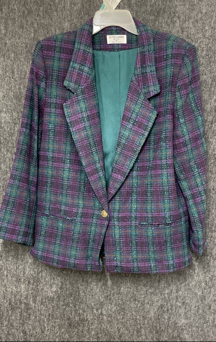 Vintage 90s Alfred Dunner Women's Purple Green Plaid Wool Blazer Sz 16 Petite